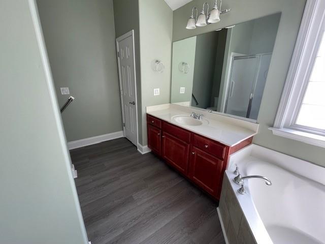 bathroom with vanity, hardwood / wood-style flooring, and separate shower and tub