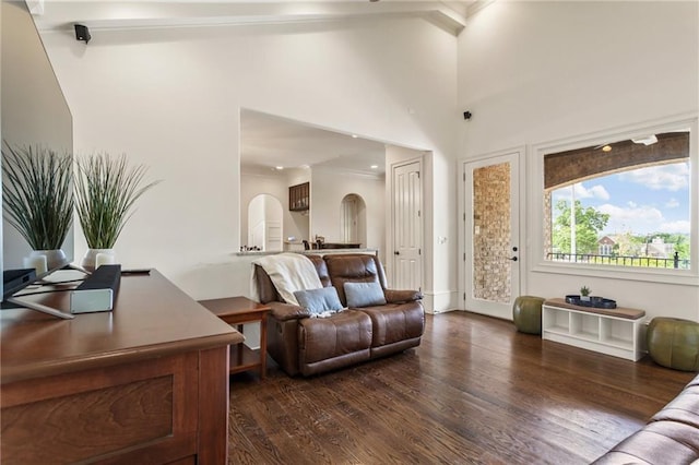 living area featuring arched walkways, high vaulted ceiling, dark wood finished floors, and ornamental molding