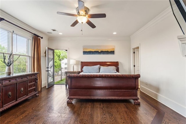 bedroom with baseboards, ornamental molding, dark wood-type flooring, and access to outside