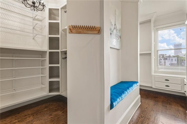 interior space featuring an inviting chandelier and dark wood finished floors
