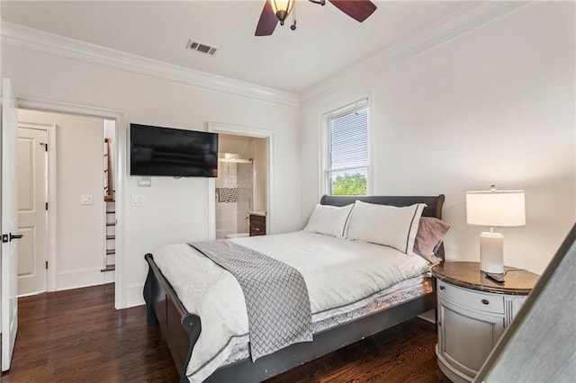 bedroom featuring ceiling fan, ornamental molding, baseboards, visible vents, and dark wood-style floors