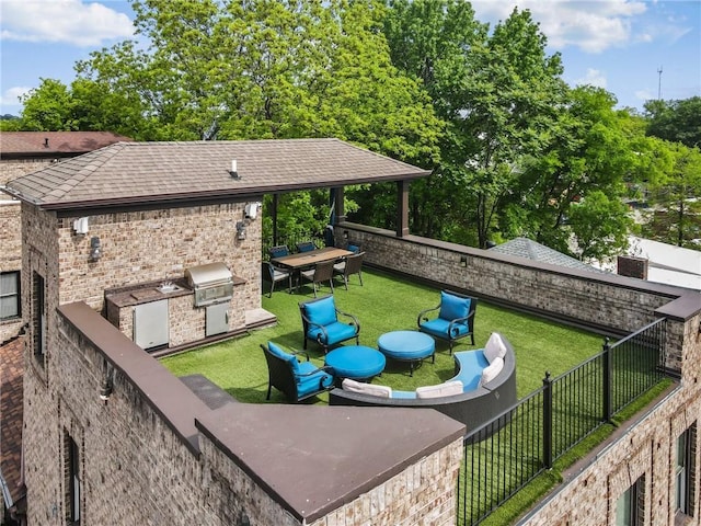 view of yard featuring a patio, a fenced backyard, and area for grilling