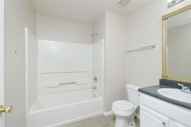 full bathroom with vanity, bathing tub / shower combination, a textured ceiling, and toilet