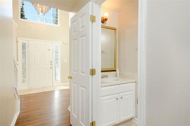 entrance foyer featuring sink and light wood-type flooring