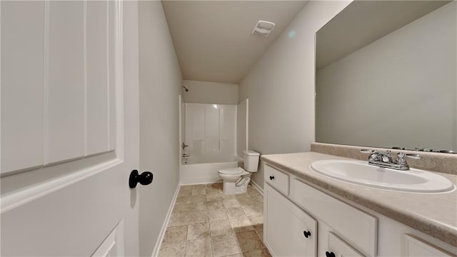 bathroom with baseboards, visible vents, toilet,  shower combination, and vanity