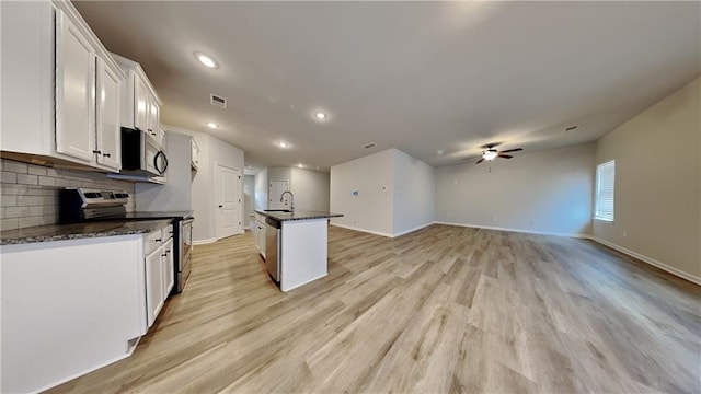 kitchen with stainless steel appliances, a sink, visible vents, white cabinetry, and tasteful backsplash