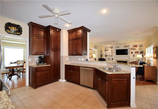 340 Channings Lake Dr, Lawrenceville, GA 30043 - kitchen with dishwasher, ceiling fan, a peninsula, open floor plan, and recessed lighting