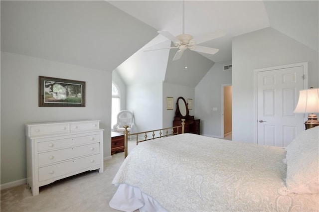 340 Channings Lake Dr, Lawrenceville, GA 30043 - bedroom with vaulted ceiling, light colored carpet, and a ceiling fan