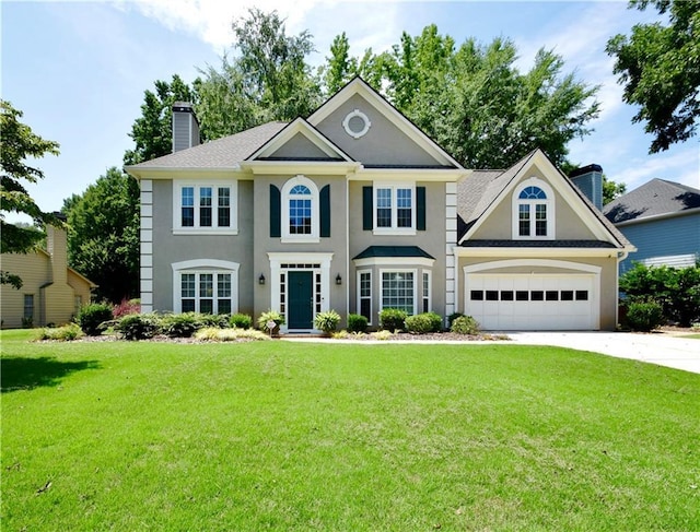 340 Channings Lake Dr, Lawrenceville, GA 30043 - colonial inspired home with a chimney, concrete driveway, a front lawn, and stucco siding