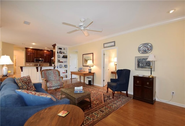 340 Channings Lake Dr, Lawrenceville, GA 30043 - living room featuring ceiling fan, wood finished floors, and ornamental molding