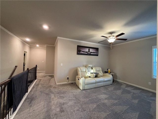 3566 Andover Way, Buford, GA 30519 - living room with carpet, crown molding, ceiling fan, recessed lighting, and baseboards