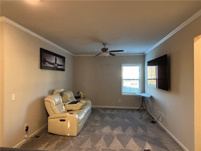 3566 Andover Way, Buford, GA 30519 - sitting room with ceiling fan, crown molding, dark carpet, and baseboards