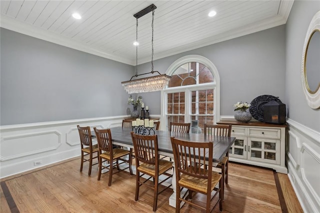 119 Kennemer Ct, Duluth, GA 30097 - dining area with wood finished floors, wainscoting, wooden ceiling, crown molding, and recessed lighting