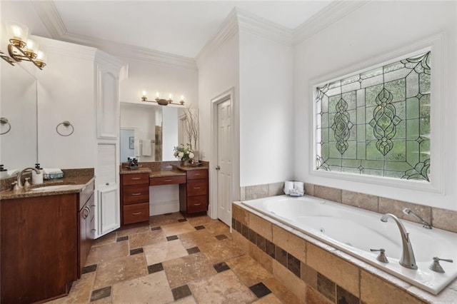 119 Kennemer Ct, Duluth, GA 30097 - full bathroom featuring two vanities, a garden tub, crown molding, and stone finish flooring