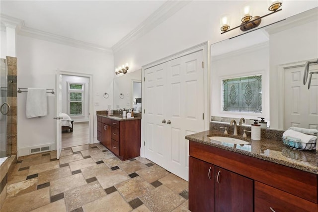 119 Kennemer Ct, Duluth, GA 30097 - bathroom with a stall shower, two vanities, and ornamental molding
