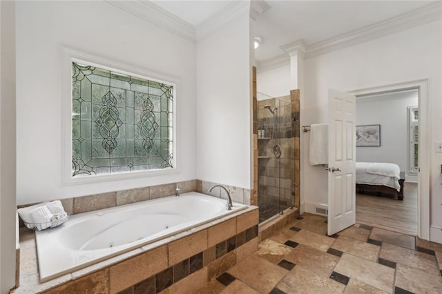 119 Kennemer Ct, Duluth, GA 30097 - full bath featuring a whirlpool tub, a stall shower, ensuite bath, ornamental molding, and stone tile floors