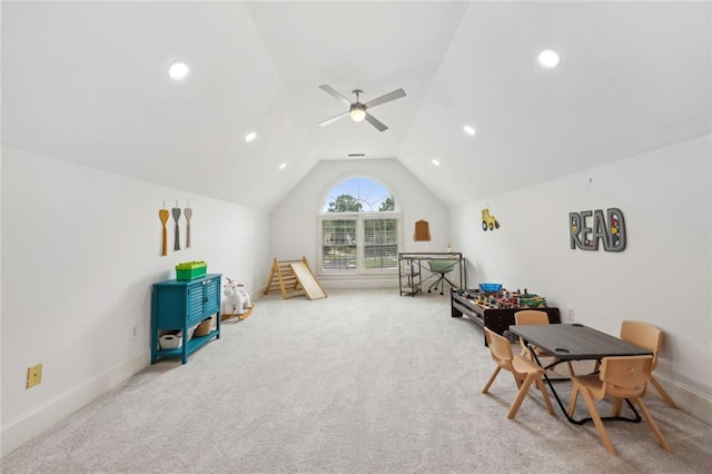 119 Kennemer Ct, Duluth, GA 30097 - game room with vaulted ceiling, carpet floors, ceiling fan, baseboards, and recessed lighting