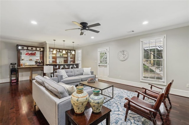 119 Kennemer Ct, Duluth, GA 30097 - living room featuring ornamental molding, recessed lighting, a ceiling fan, dark wood-type flooring, and baseboards