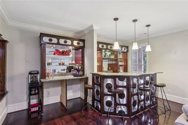 119 Kennemer Ct, Duluth, GA 30097 - indoor wet bar featuring baseboards, dark wood-style floors, ornamental molding, and decorative light fixtures