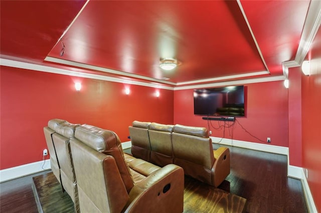 119 Kennemer Ct, Duluth, GA 30097 - home theater with a raised ceiling, baseboards, crown molding, and wood finished floors