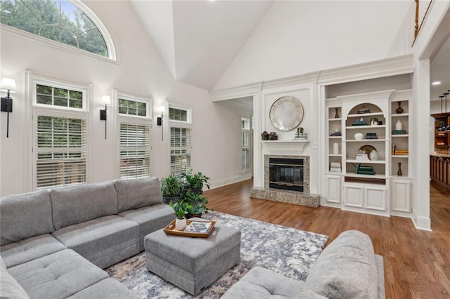 119 Kennemer Ct, Duluth, GA 30097 - living room featuring high vaulted ceiling, a premium fireplace, and wood finished floors