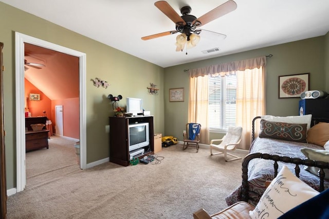 living room with ceiling fan, carpet, visible vents, and baseboards