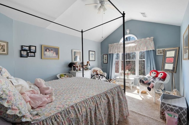 bedroom with lofted ceiling, multiple windows, carpet flooring, and visible vents