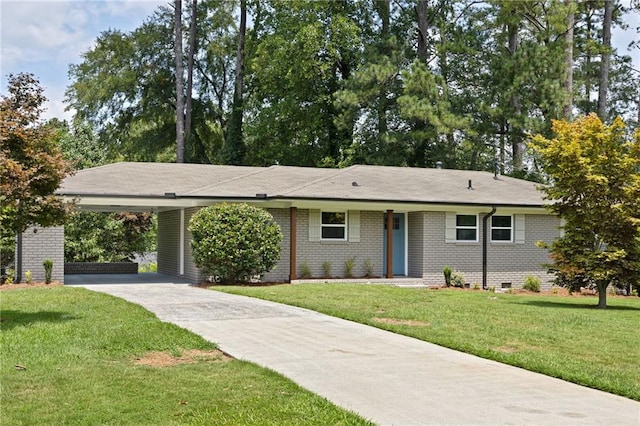 ranch-style house with a carport and a front lawn