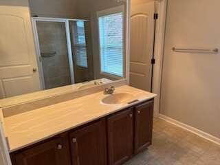 bathroom with walk in shower and vanity