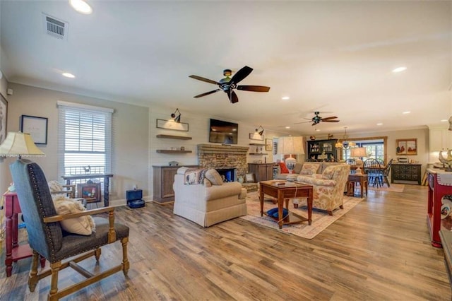 living room with a stone fireplace, hardwood / wood-style flooring, and a wealth of natural light