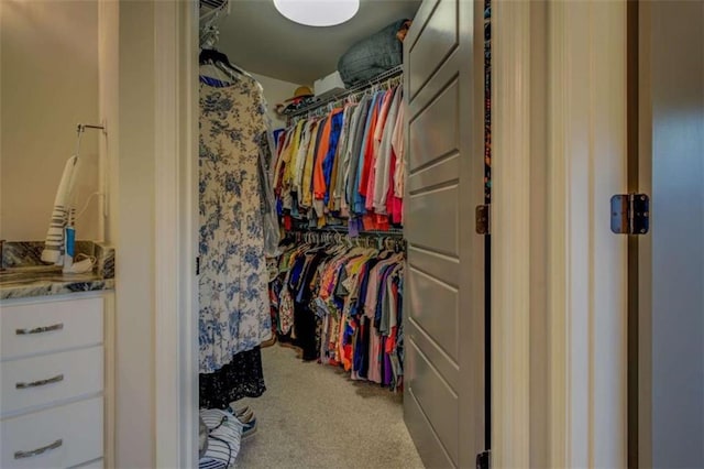 spacious closet featuring light colored carpet