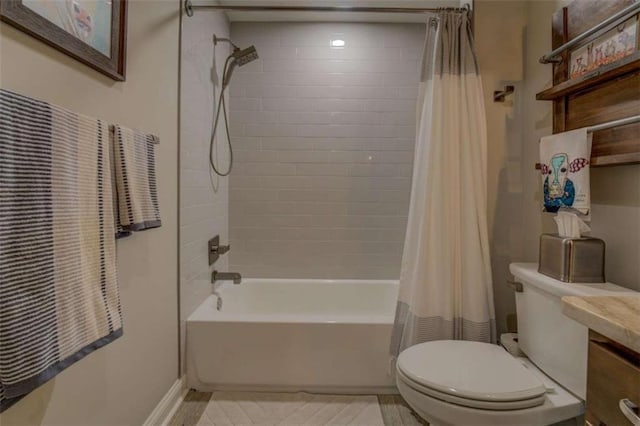 full bathroom with toilet, vanity, and shower / bath combination with curtain