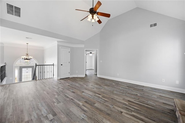 unfurnished living room featuring visible vents, high vaulted ceiling, baseboards, and wood finished floors