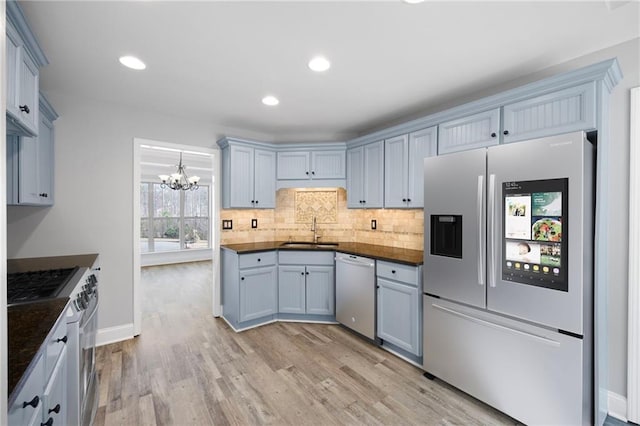 kitchen featuring light wood finished floors, stainless steel fridge with ice dispenser, dishwashing machine, decorative backsplash, and a sink