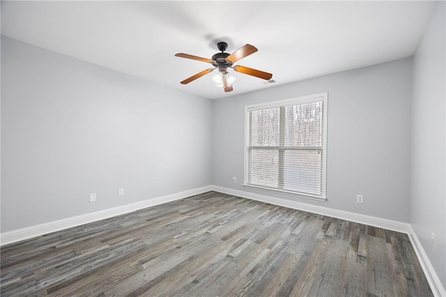 unfurnished room featuring ceiling fan, visible vents, baseboards, and dark wood-style floors