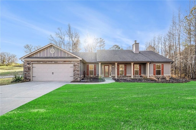 single story home with a garage and a front yard