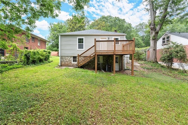 1098 Cascade Cir SW, Atlanta, GA 30311 - back of house with stairway, a wooden deck, a yard, central AC unit, and stone siding