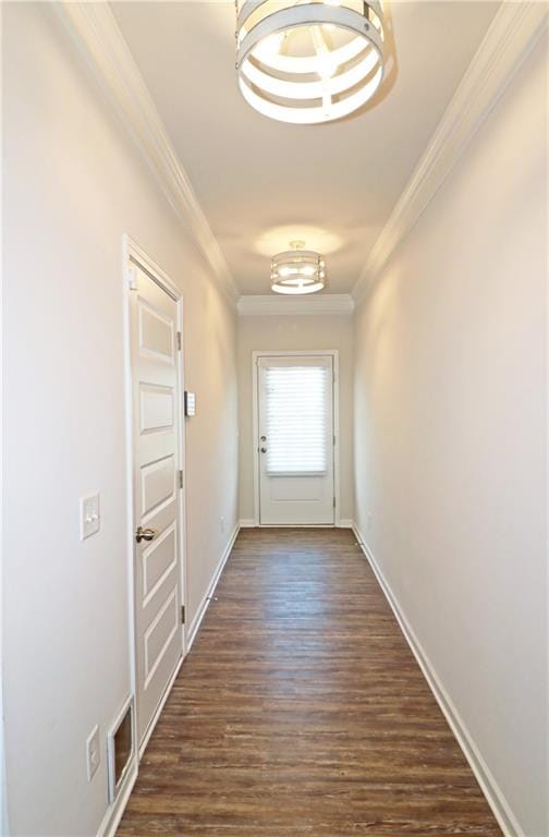 corridor featuring ornamental molding and dark hardwood / wood-style flooring