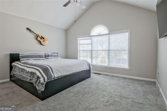 5 Corbel Way, Newnan, GA 30265 - bedroom featuring baseboards, carpet, vaulted ceiling, and a ceiling fan