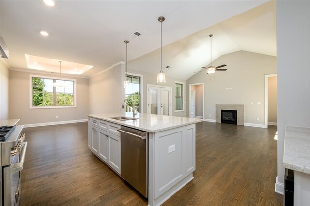 kitchen featuring white cabinetry, dark hardwood / wood-style floors, sink, and stainless steel appliances