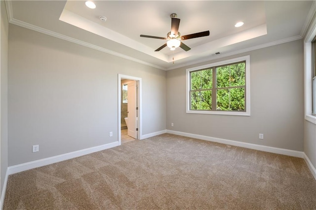 empty room featuring light carpet, a raised ceiling, ornamental molding, and ceiling fan