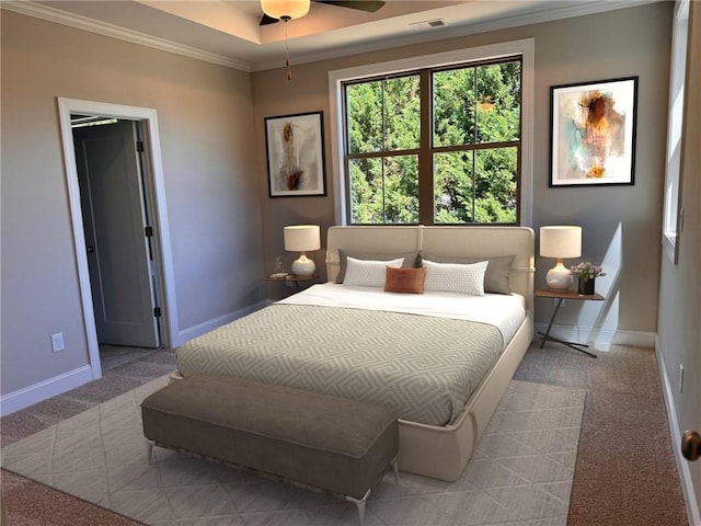 bedroom featuring ornamental molding, ceiling fan, and light colored carpet