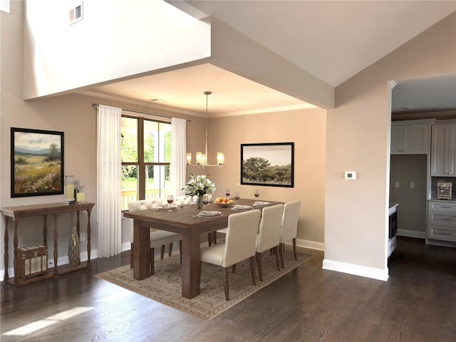 dining area featuring crown molding, vaulted ceiling, dark wood-type flooring, and a chandelier