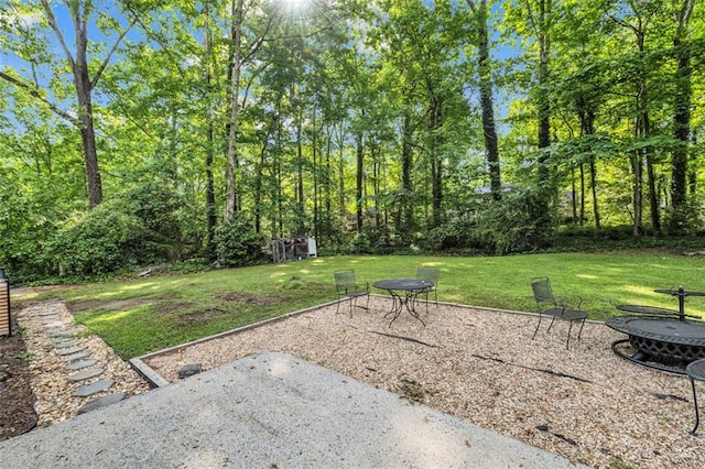 view of yard featuring a fire pit and a patio area
