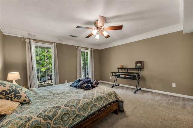 bedroom with a ceiling fan, visible vents, carpet floors, baseboards, and ornamental molding