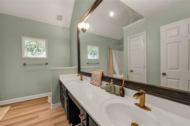 full bathroom featuring a sink, double vanity, baseboards, wood finished floors, and a shower with curtain