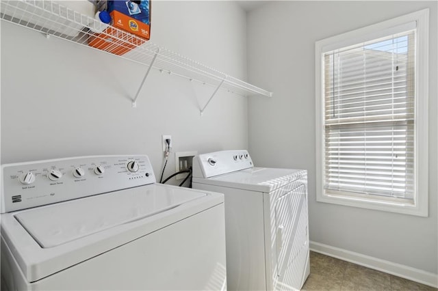 laundry room with baseboards, laundry area, and washer and dryer