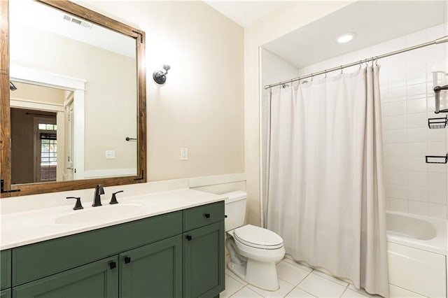 full bathroom with tile patterned flooring, vanity, toilet, and shower / tub combo with curtain