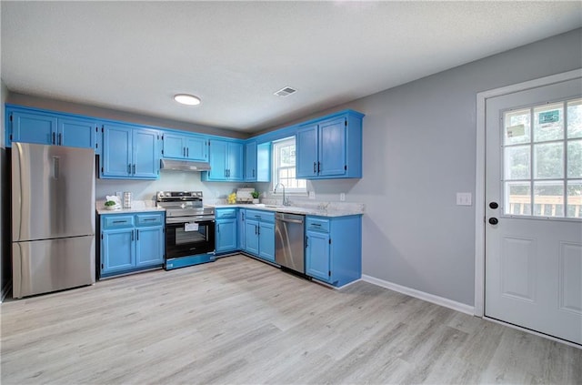 128 Evergreen Trl Unit 4, Cartersville, GA 30121 - kitchen featuring stainless steel appliances, blue cabinets, under cabinet range hood, and light countertops