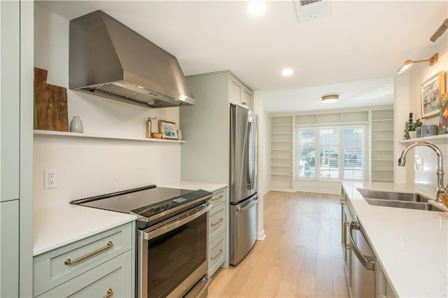 39 Ivy Gates NE, Atlanta, GA 30342 - kitchen featuring wall chimney range hood, visible vents, light countertops, a sink, and stainless steel appliances